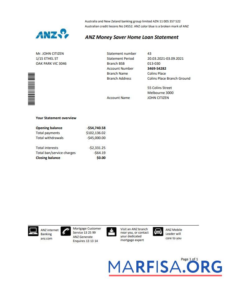 Blank Australia ANZ proof of address bank statement excel sample